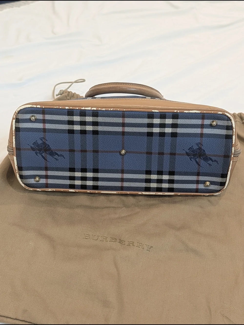 Vintage Burberrys Of London Blue Nova Check Bowling Satchel with Tan Leather